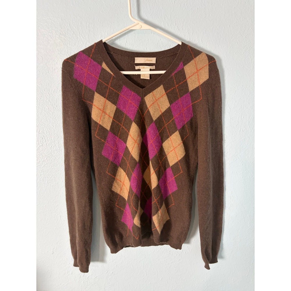 Fiona Brown Argyle 100% Cashmere V-Neck Sweater Womens S Purple Academia Preppy